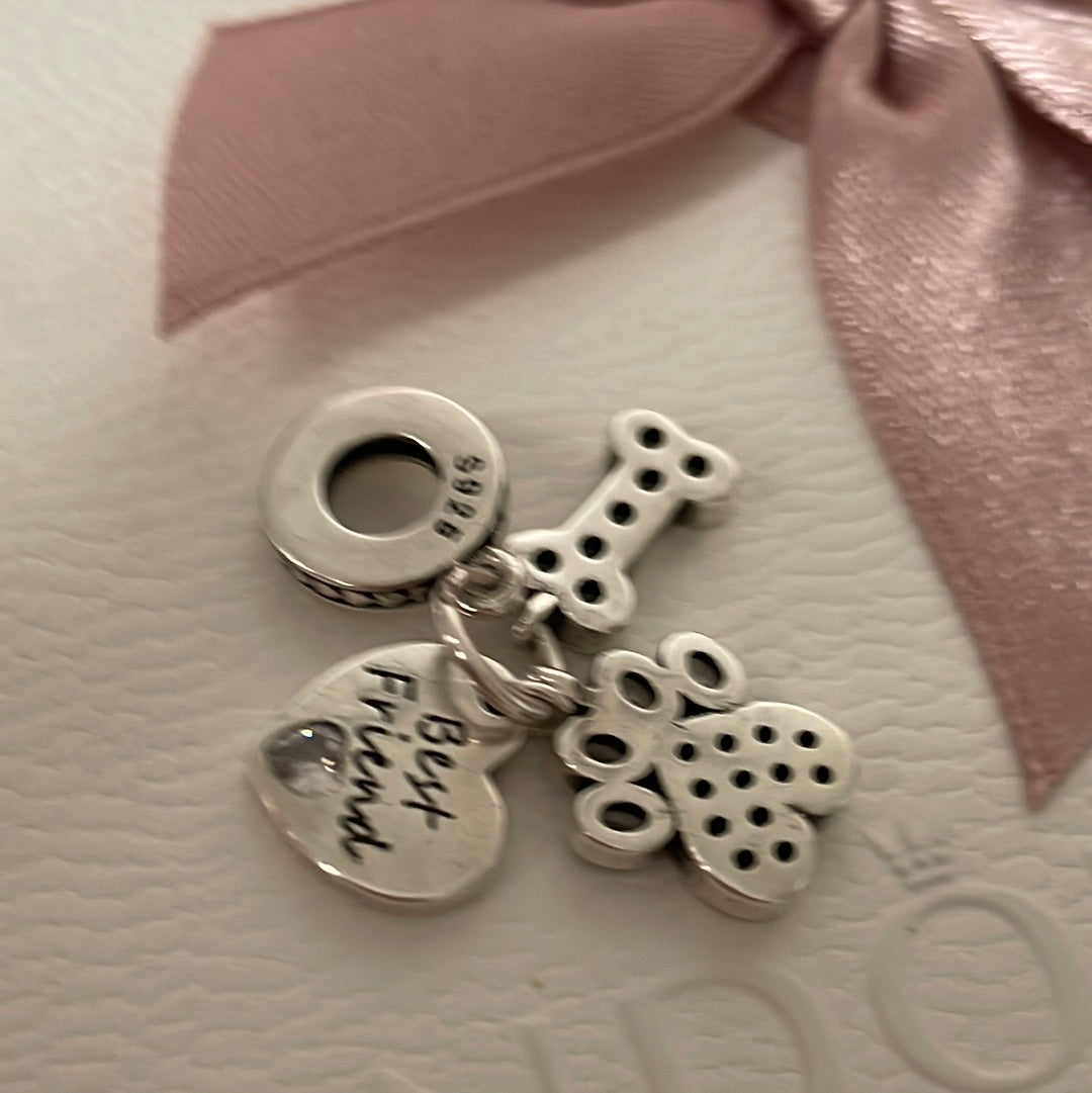 Sterling Silver Dog Pave Bone, Paw Print Best Friends Dangle Charm