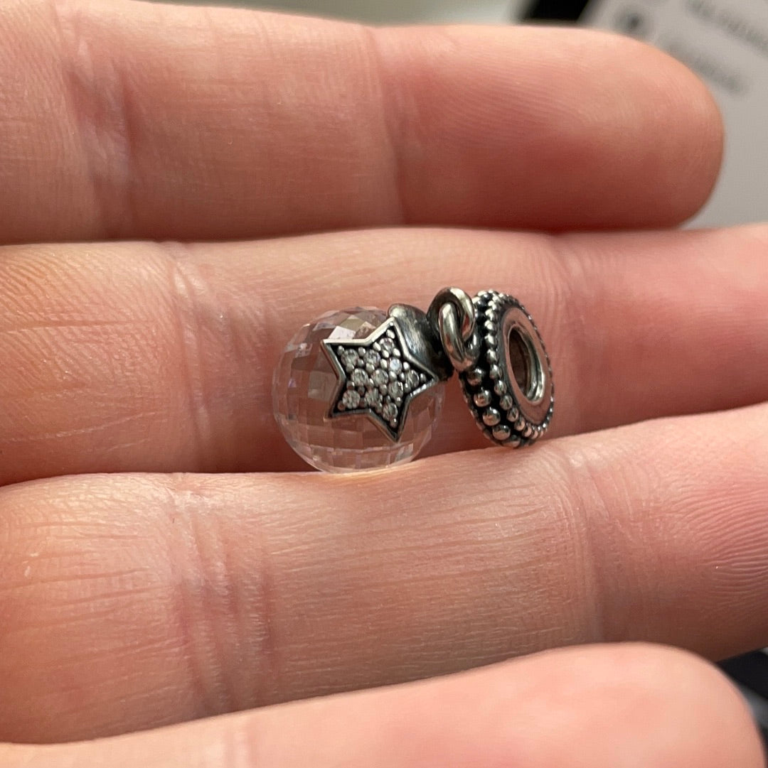 Genuine Pandora Clear Faceted Glass Murano Dangle With Pave Star Charm