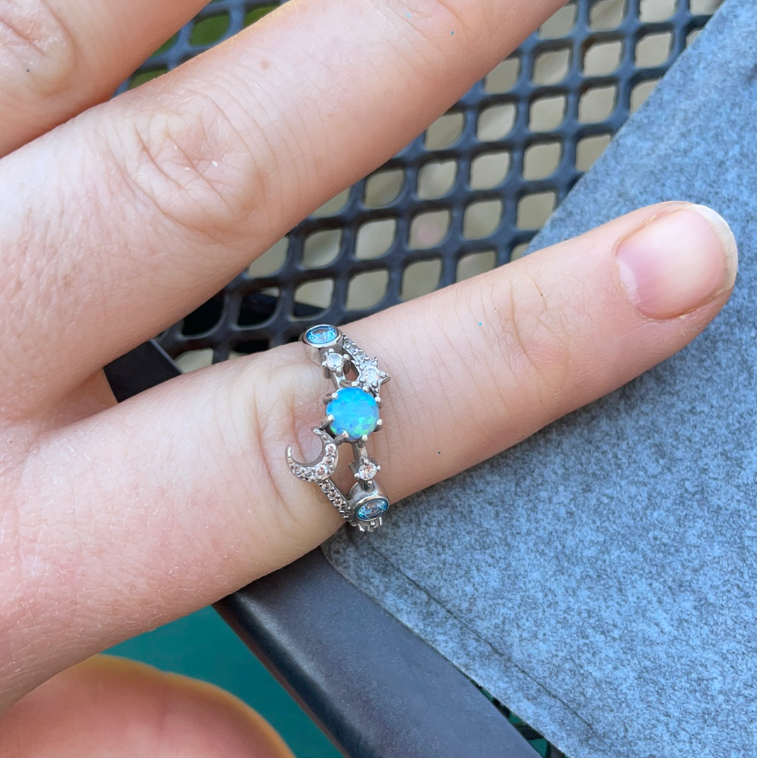 Unbranded But Beautiful Opal Stone Ring With Moon and Star Clear and Blue CZ Size 58