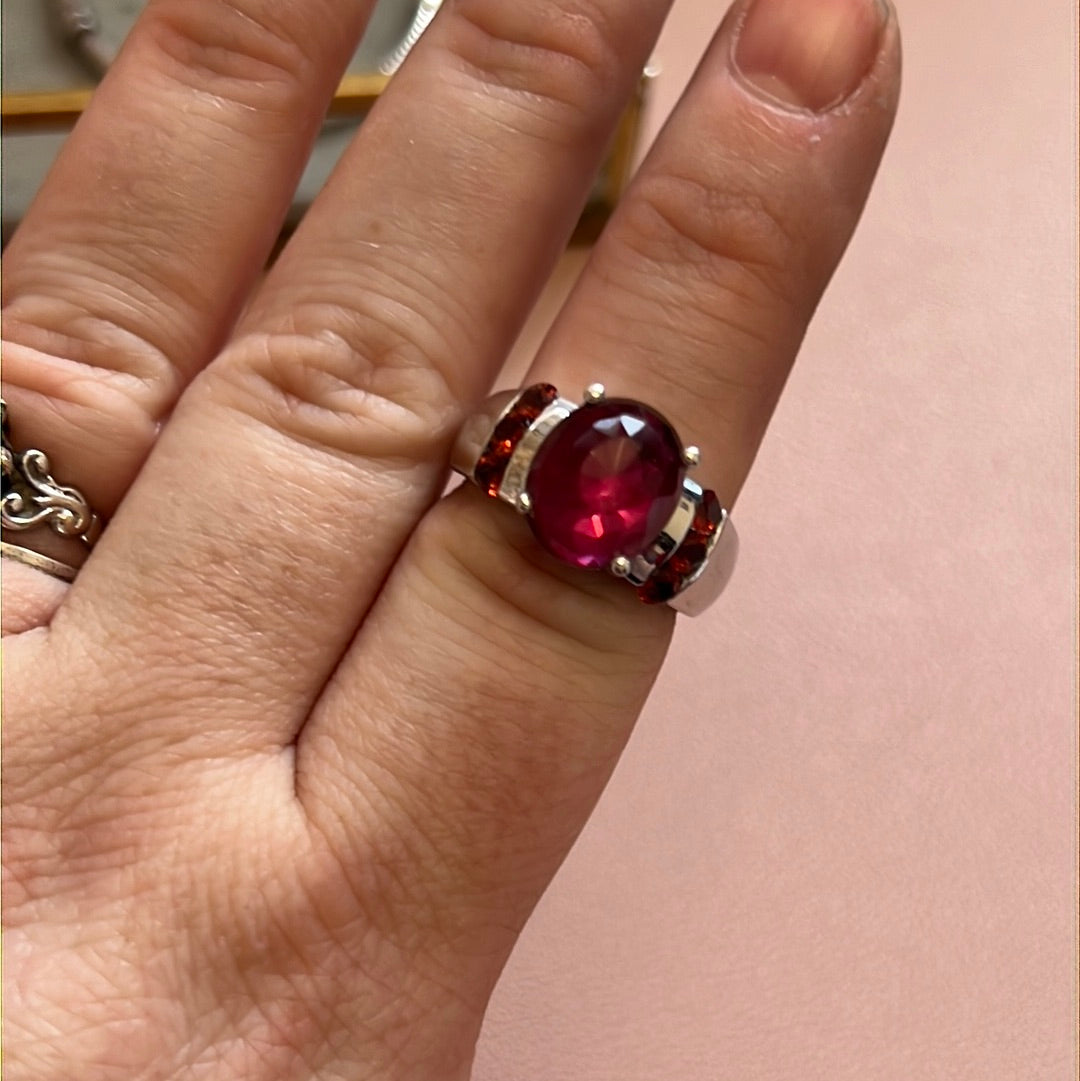 TGCC Sterling Silver Huge Cerise Pink Coloured Gems Ring Size 54