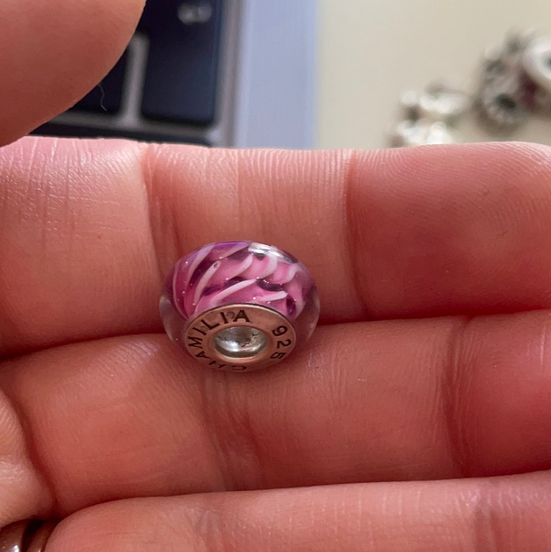 Genuine Chamilia Pink and White Knot Rope Pattern Murano Charm