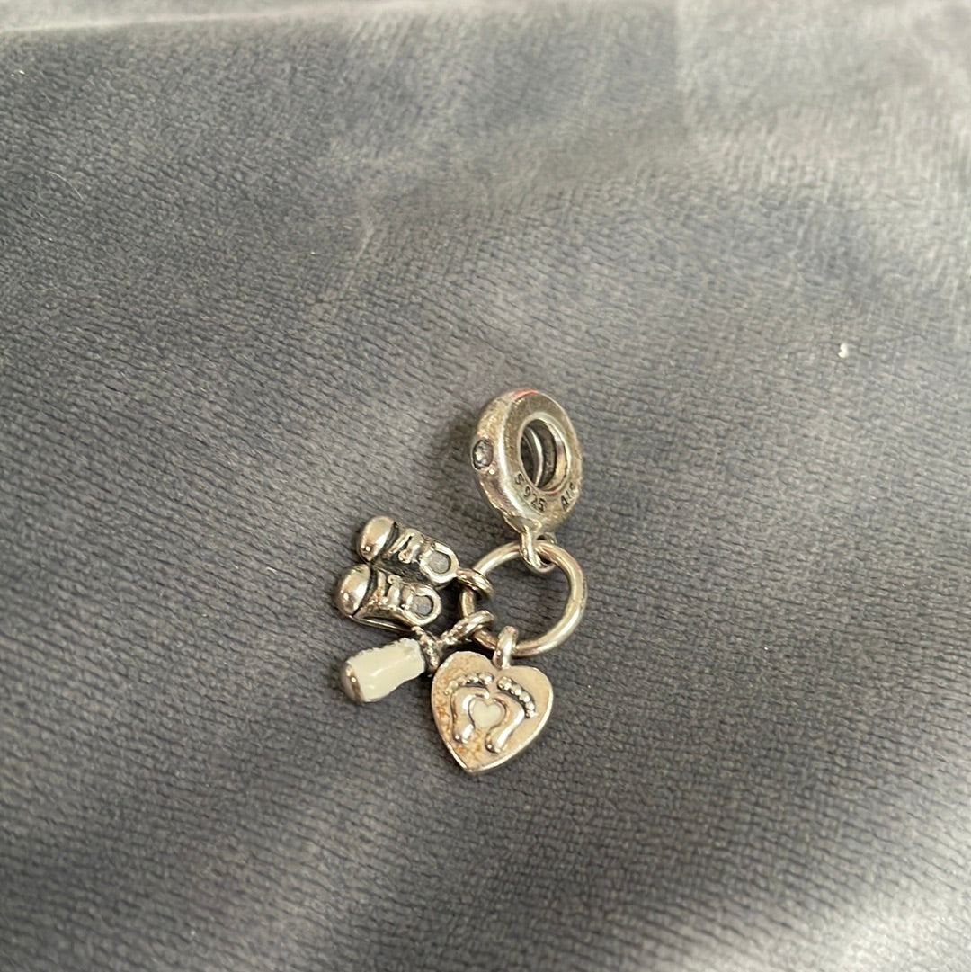 Genuine Pandora Baby Bottle, Booties and Heart Dangle with Pave Holder