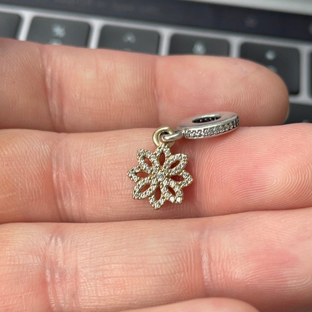 Genuine Pandora Two Tone Snowflake Pave Flower Rare Retired Dangle Charm