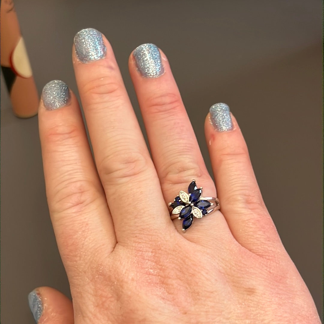 Sterling Silver Pave CZ Blue Bunch of Flowers Ring Size 56