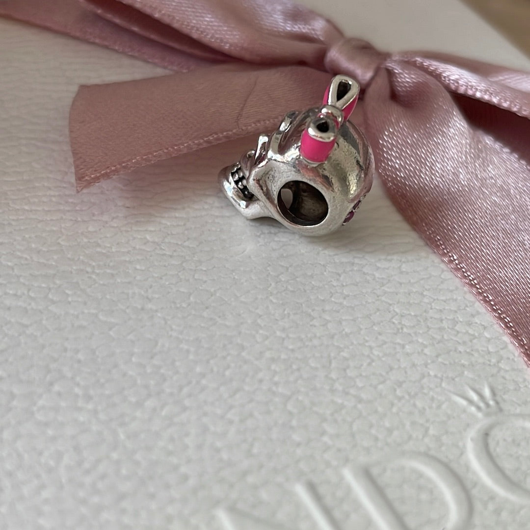 Sterling Silver Skull Charm With Enamel Bow