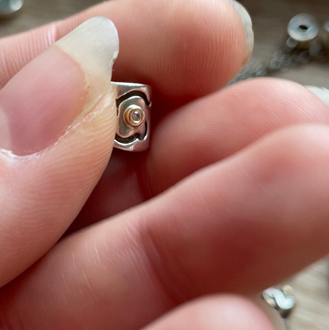 Genuine Pandora RARE HTF Two Tone Oxidised Flower Diamond Charm