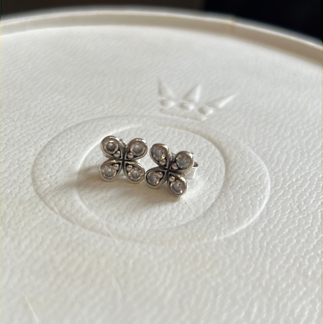 Genuine Pandora Clover Four Petal Flower Pave Earrings