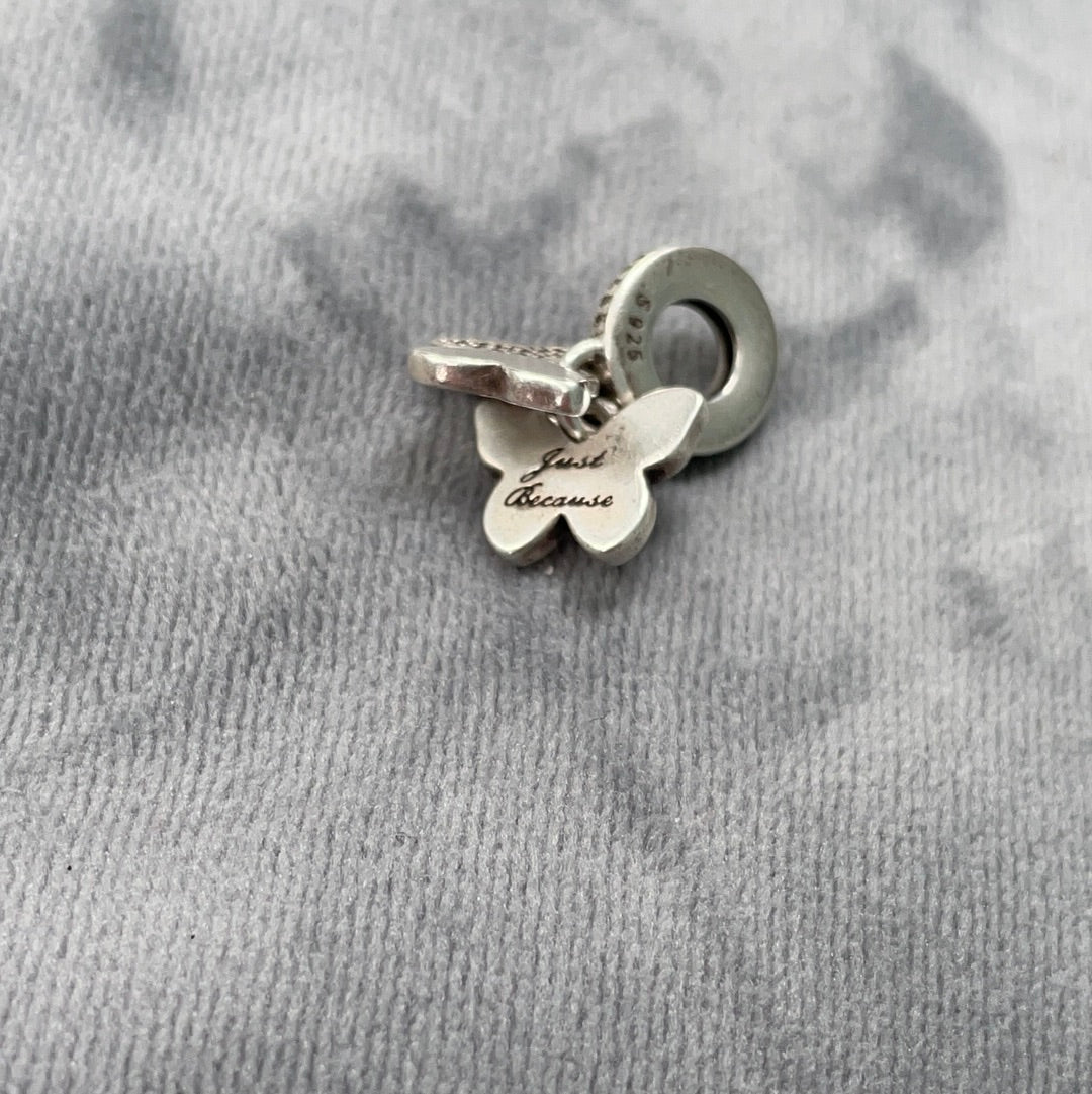 Genuine Pandora Butterfly Pave Double Dangle Charm With 'Just Because' inscribed