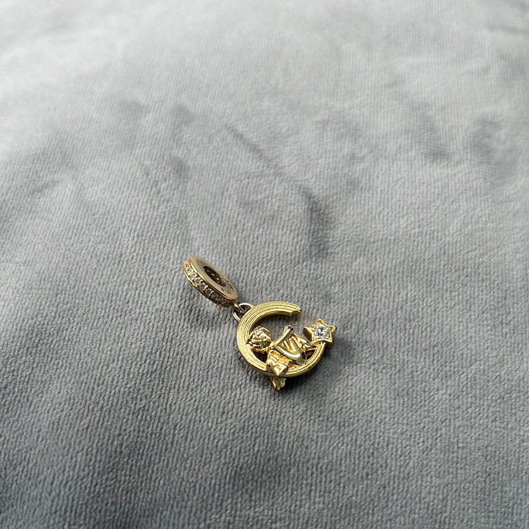 Sterling Silver Shine Gold Moon and Angel CZDangle Charm