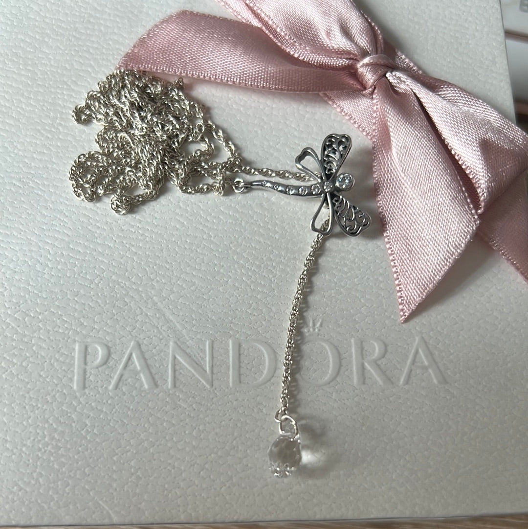 Genuine Pandora Rare HTF  Dragonfly Pendant Adjustable Chain CZ Dangle