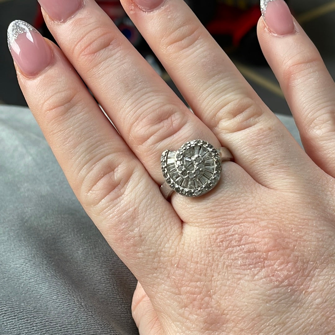 Sterling Silver Pave and CZ Shell Ring Size 58