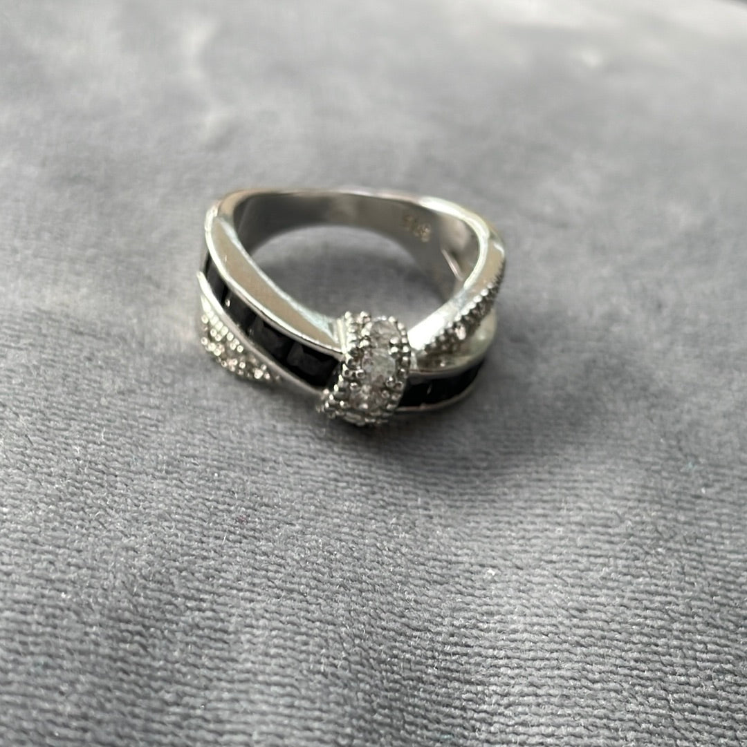 Sterling Silver Pave and CZ Black and Clear Crossover Bow Ring Size 52