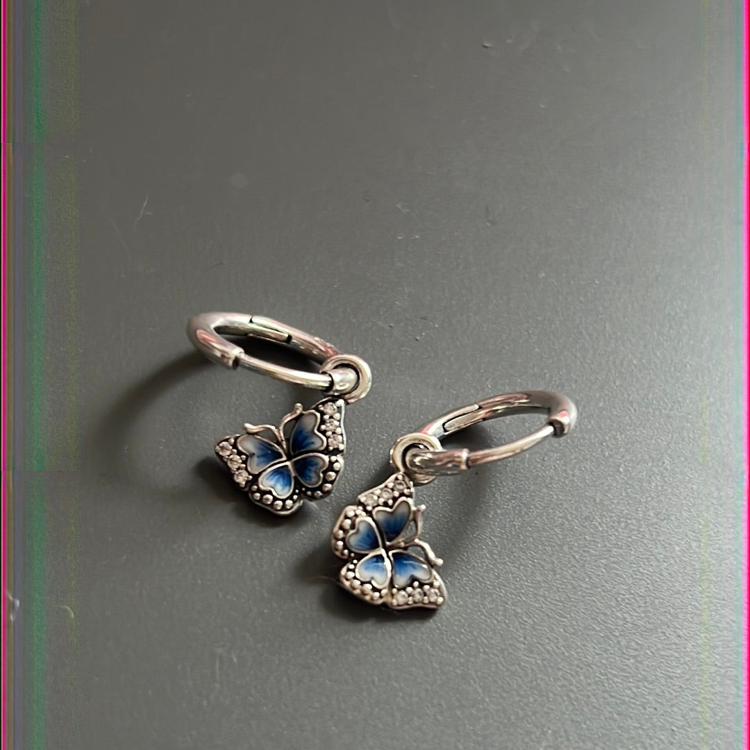 Genuine Pandora Blue Pave Enamel Butterfly Hoops Earrings New Style