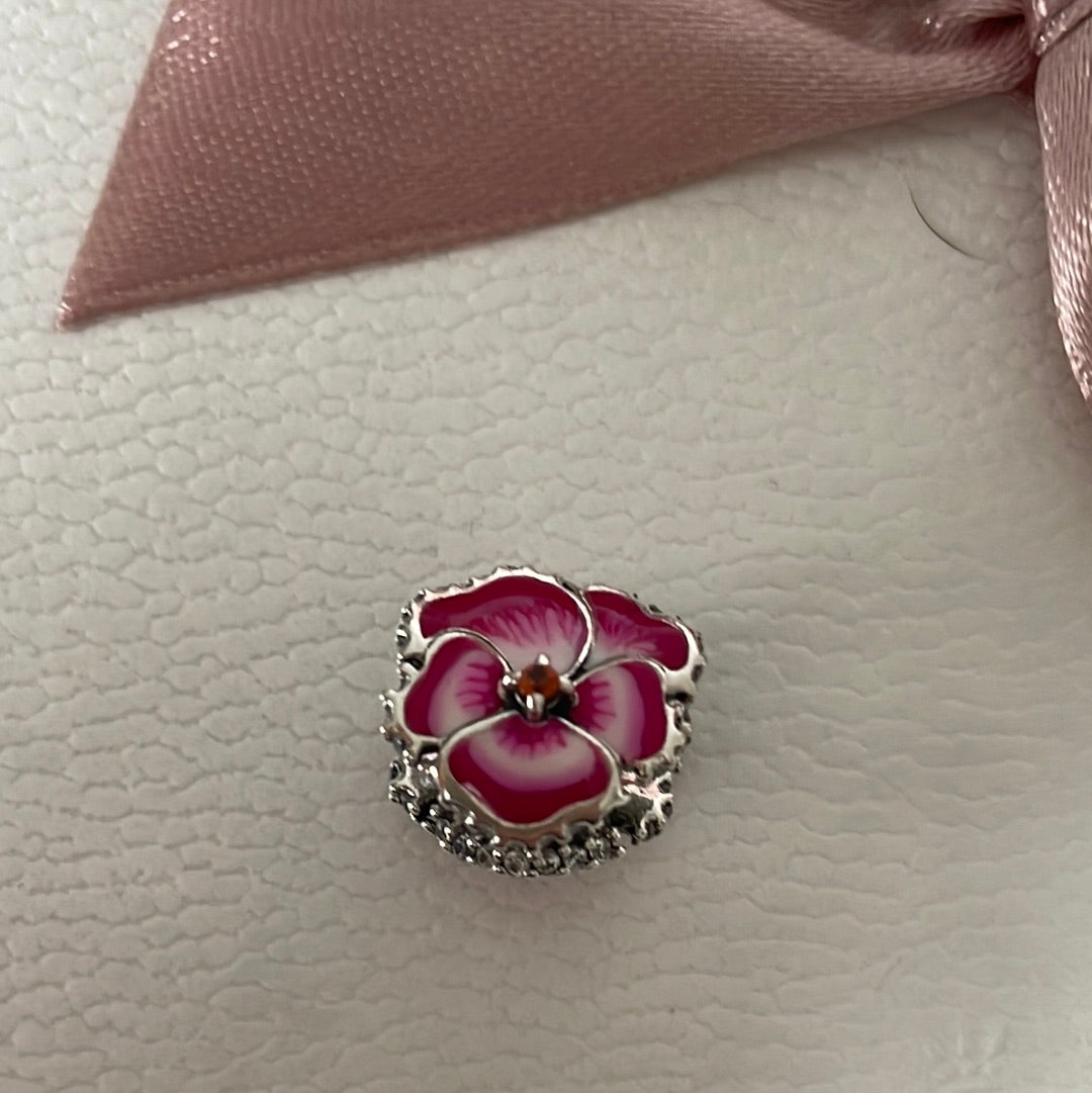 Genuine Pandora Pink Pansy Flower Pave and Enamel Charm