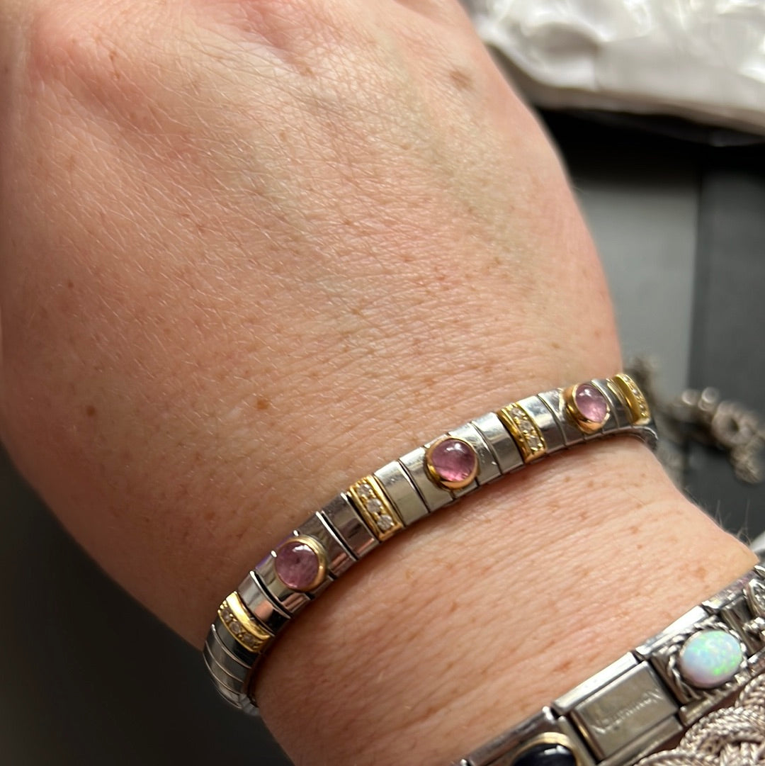 Genuine Nominations Sterling Silver Two Tone Pink Stone Stretch Bracelet