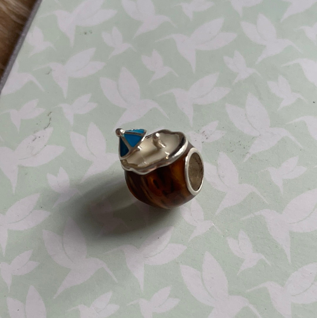 Genuine Chamilia Enamel Coconut Cocktail Glass With Straw and Enamel Umbrella Charm