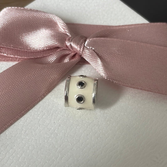 Genuine Pandora White Enamel Promise Black CZ Enamel Barrel charm With CZ Rare