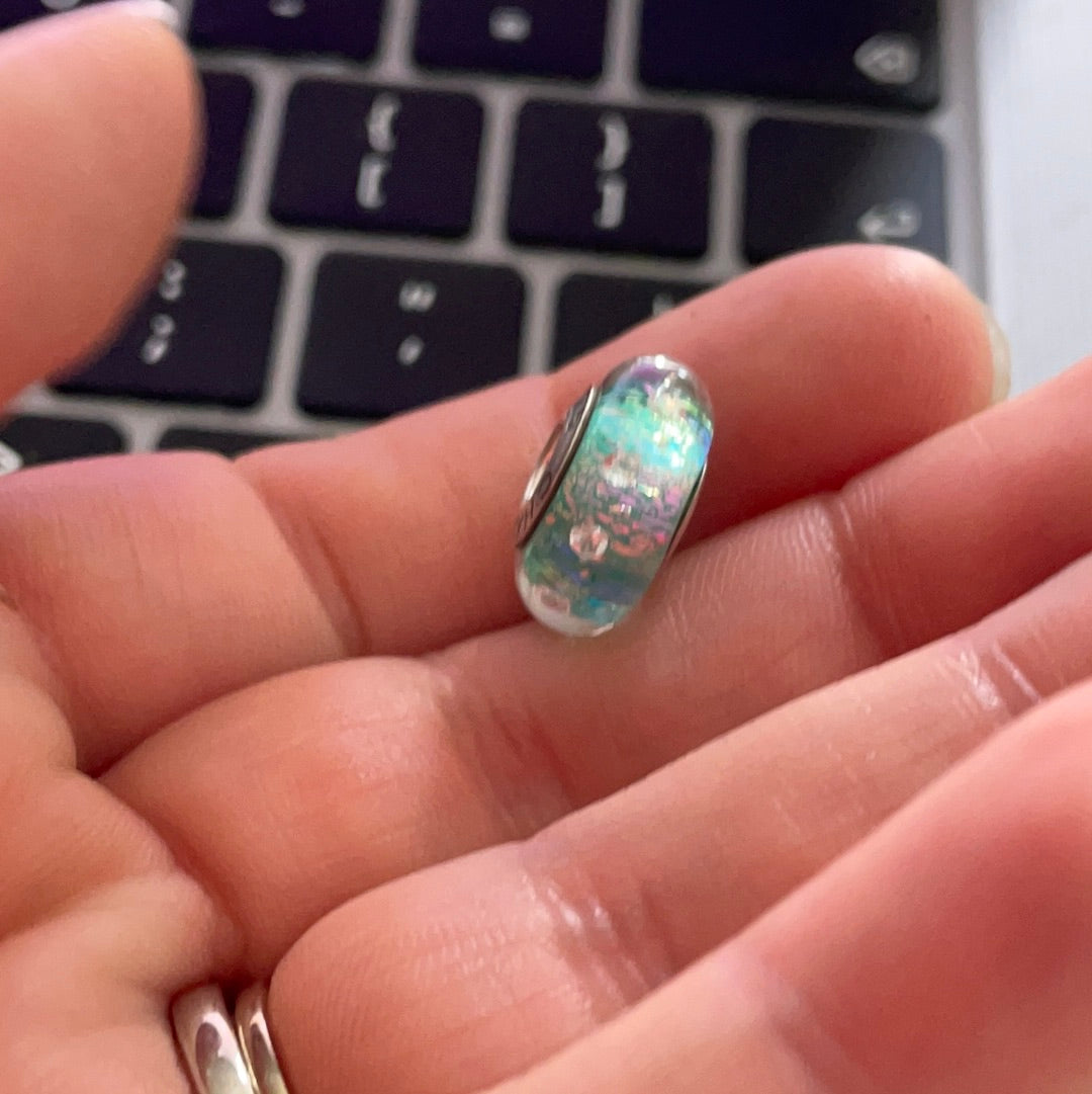 Genuine Chamilia Light Green Blue Rainbow Sparkle With CZ Murano Glass Charm Mermaid