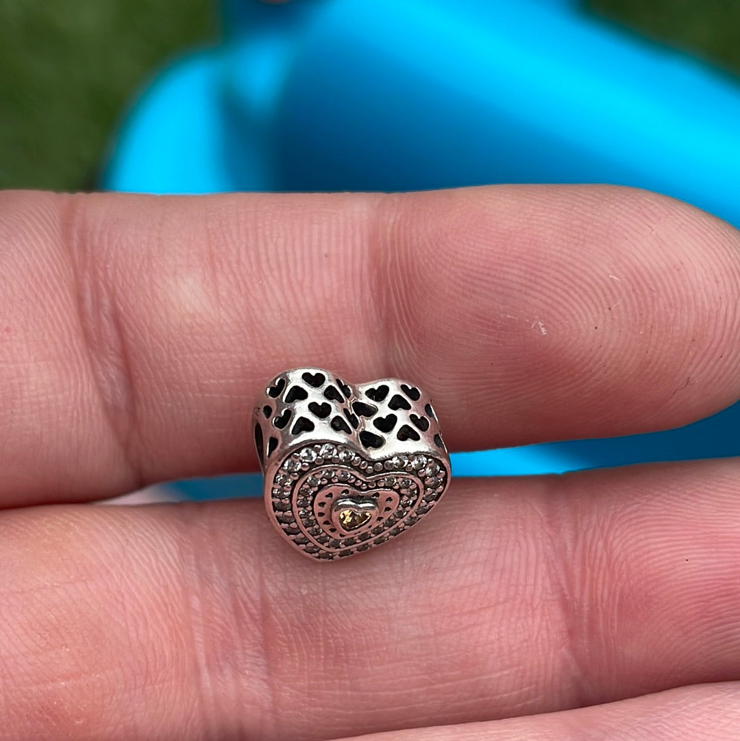 Genuine Pandora Pave Levelled Heart With Gold CZ Charm