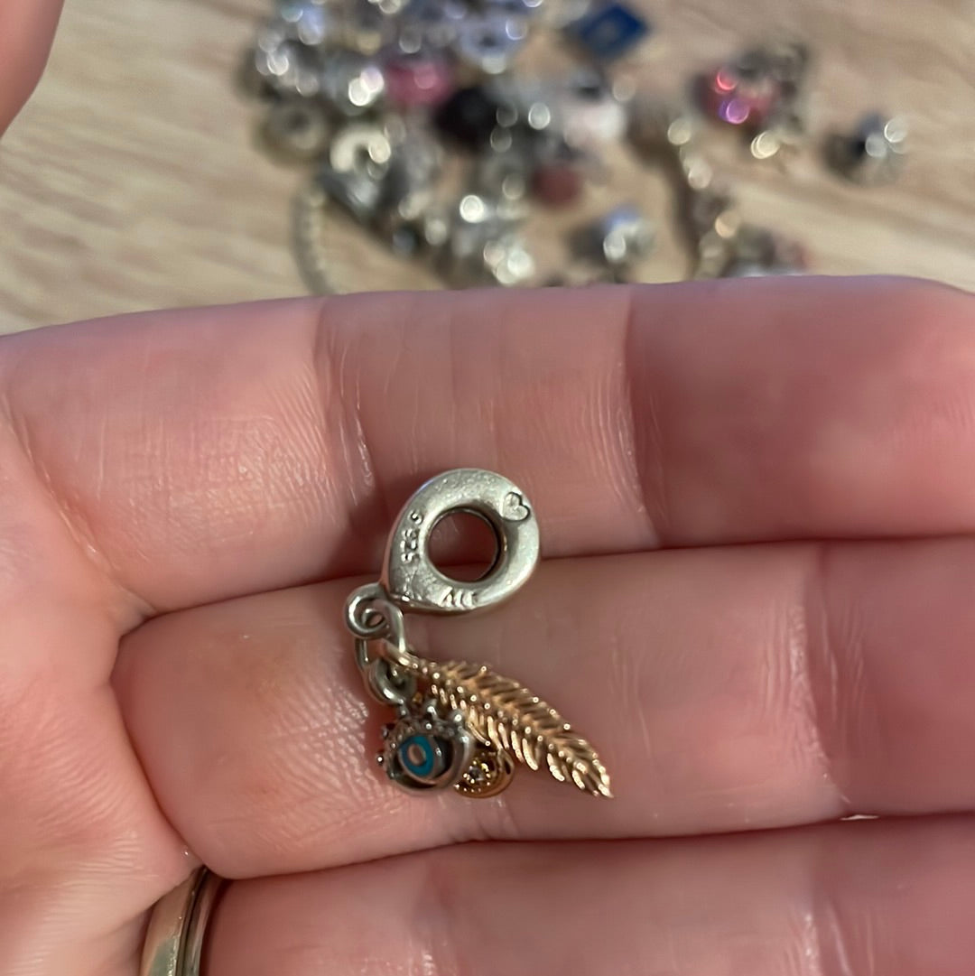 Genuine Pandora Lucky Charm Tri Tone Dangle Eye, Feather, Hamsa Hand
