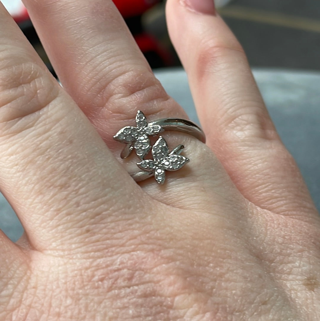 Sterling Silver Pave and CZ Butterfly Open Ring Size 56 (slightly adjustable)