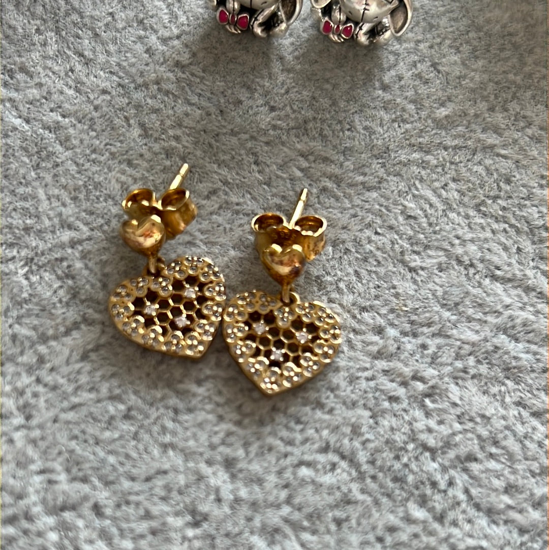 Genuine Pandora Shine Gold Pave Honeycomb Lace Stud Dangle Earrings