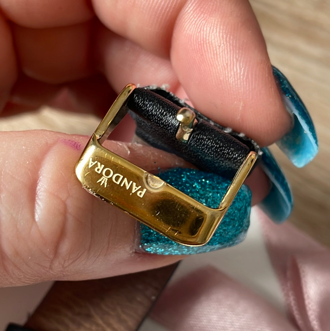 Genuine Pandora Gold Plated Hardware Black Crown Diamond Pure 8120158K Watch with Navy Leather Strap