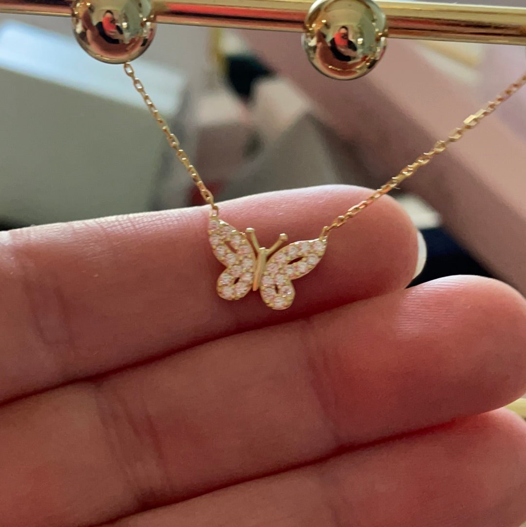 Brand New Pave CZ Gold Plated Openwork Butterfly Protection Sterling Silver Necklace