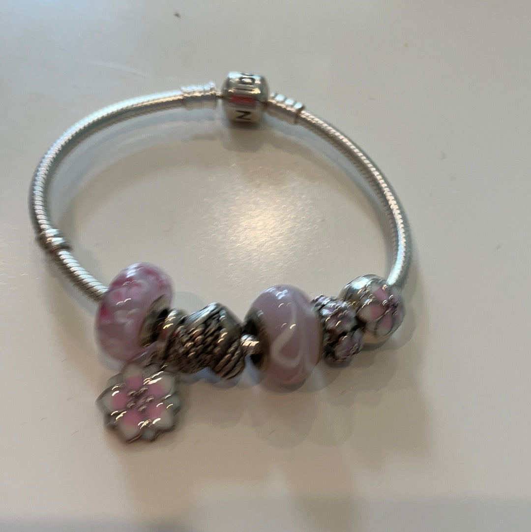 Unbranded Brand New Starter Bracelet. Sterling Silver Pink Magnolia Flower and Angel Set