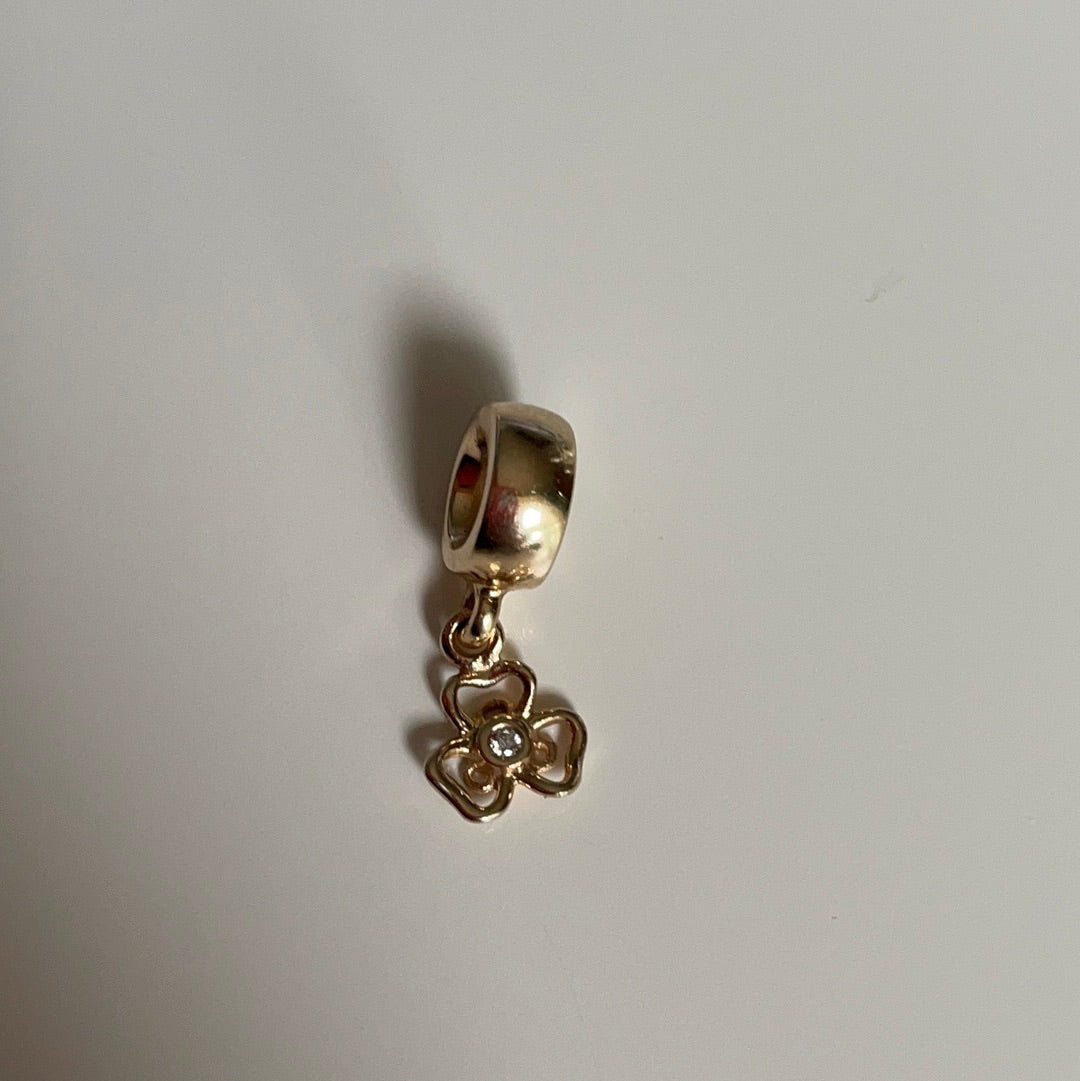 Genuine Pandora Solid 14ct Gold Diamond Flower Dangle Charm RARE HTF