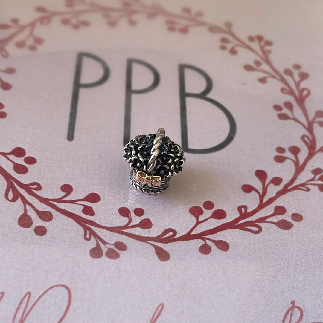 Genuine Pandora RARE Basket of Flowers With Gold Bow
