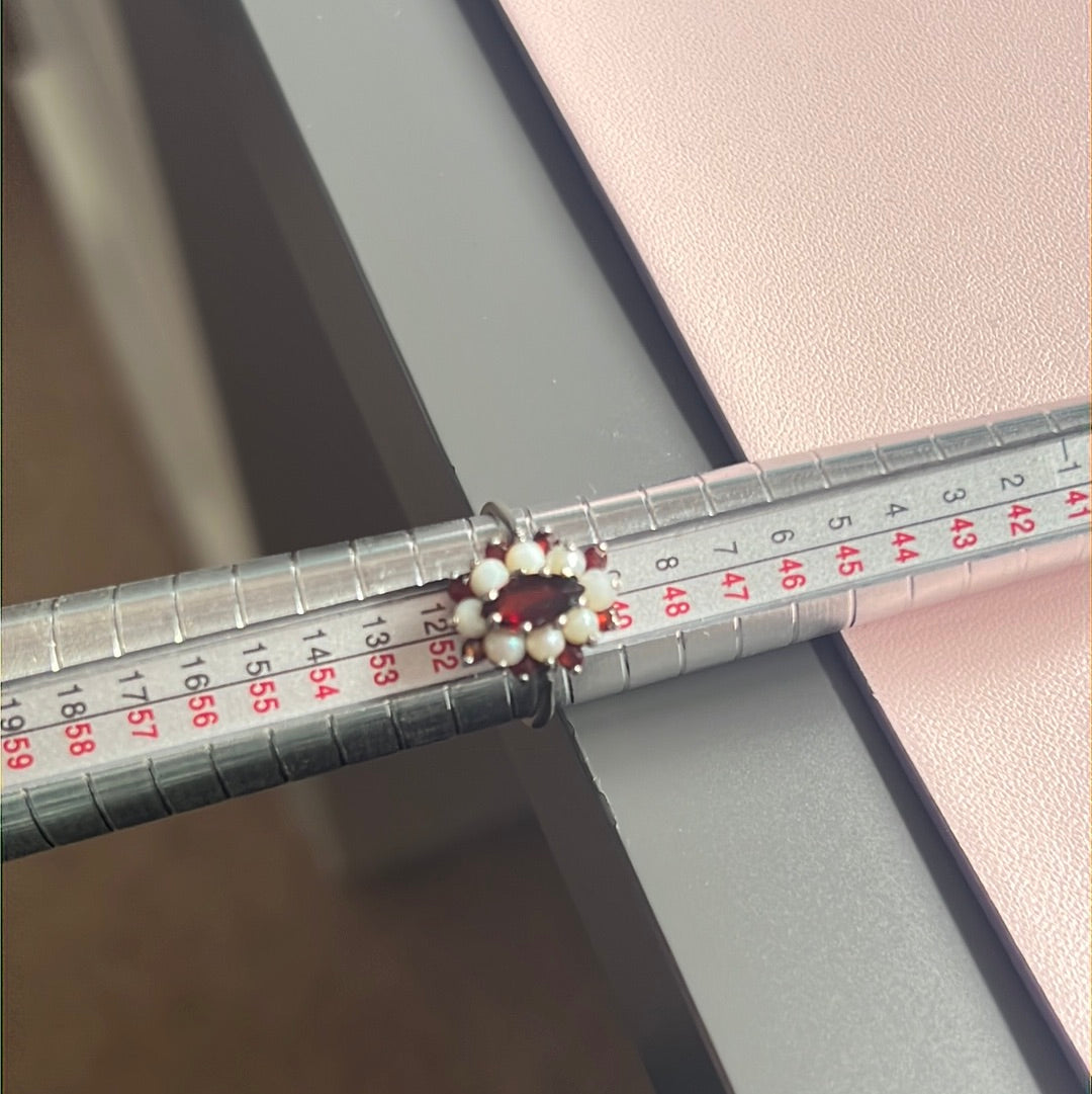 Sterling Silver Pearl and Ruby Style Ring Size 51