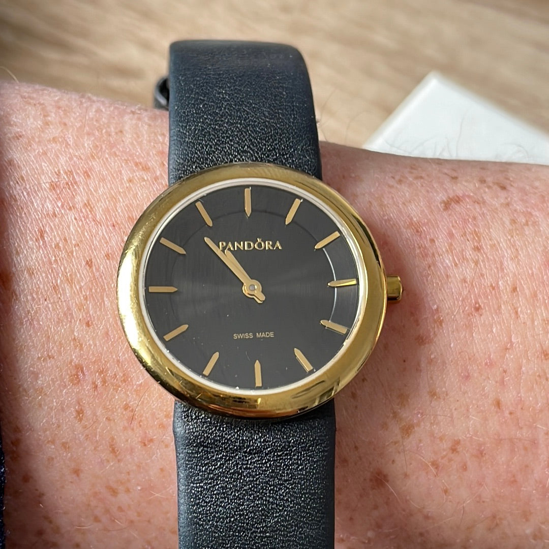 Genuine Pandora Gold Plated Hardware Black Crown Diamond Pure 8120158K Watch with Navy Leather Strap