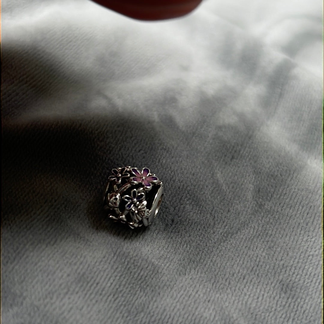 Genuine Pandora White/ Purple Enamel Flower Daisy Openwork Ladybird Bee Charm