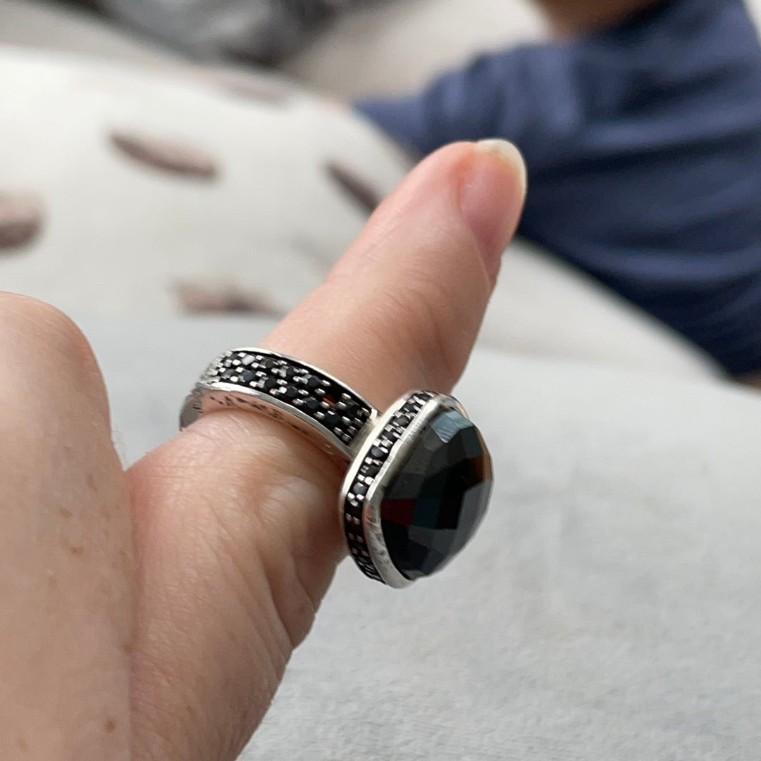 Thomas Sabo Sterling Silver Large Faceted Black Stone Statement Ring Size 51