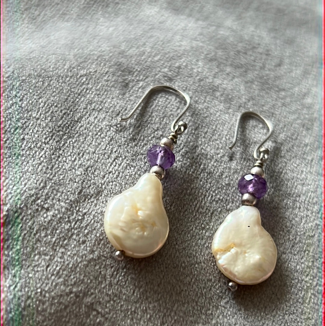 Silver Plated Dangle Earrings with Baroque Freshwater Pearls and Purple Stone