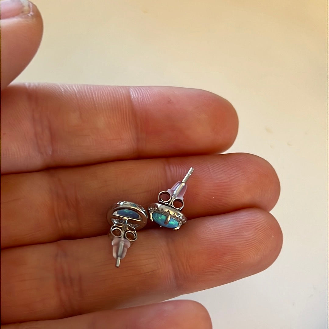 Sterling Silver Beautiful Blue Opal and CZ Earrings
