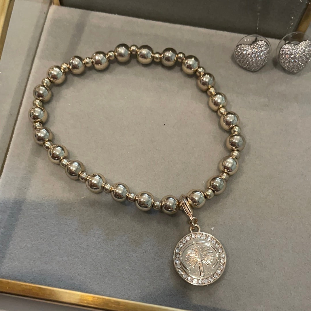 Brand New Sterling Silver Buckley of London Rose Gold Plated Beaded Bracelet With Palm tree Pave Charm Clip