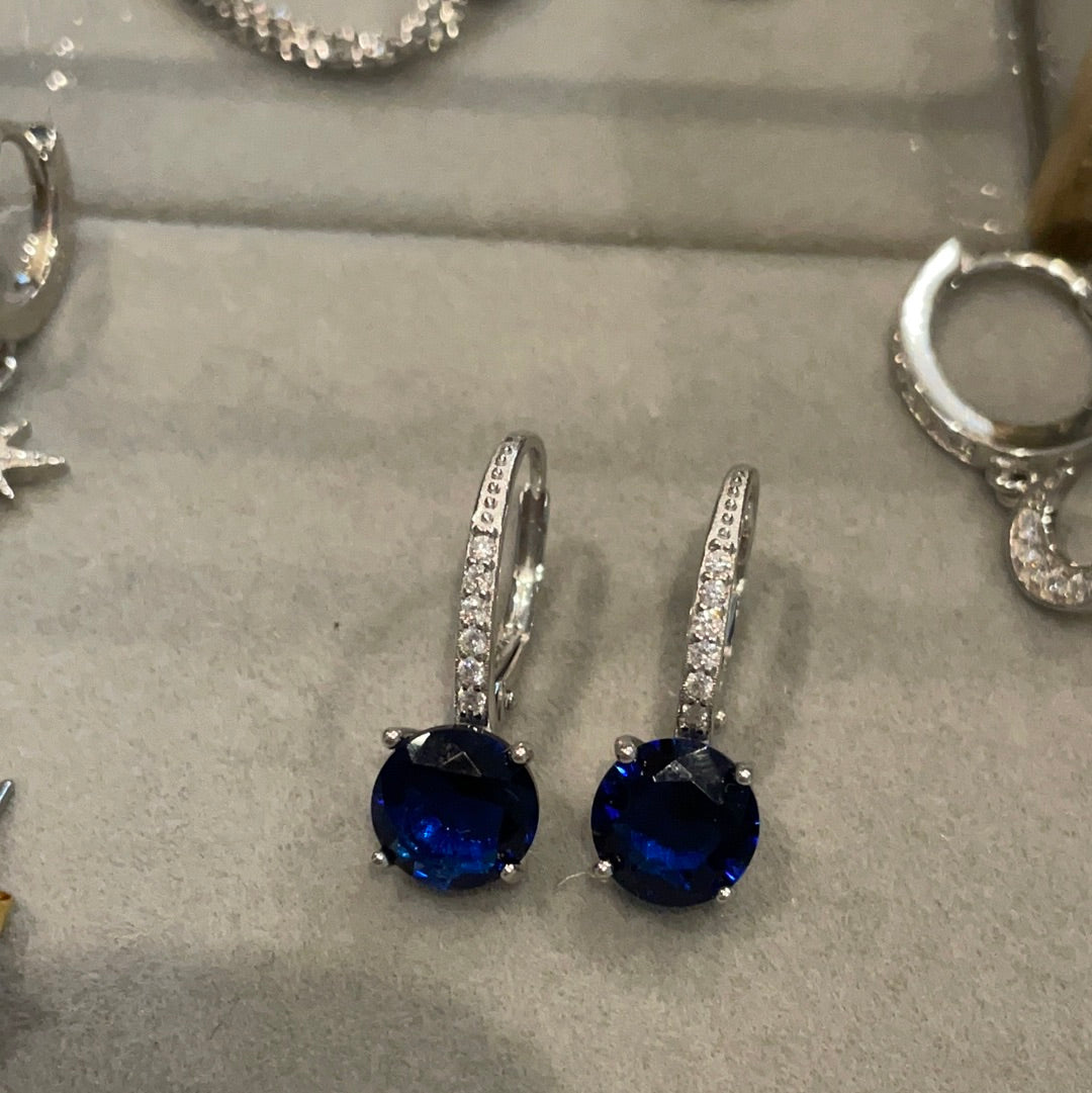 Brand New Sterling Silver Beautiful Clear Pave and Blue Stone Dangle Earrings