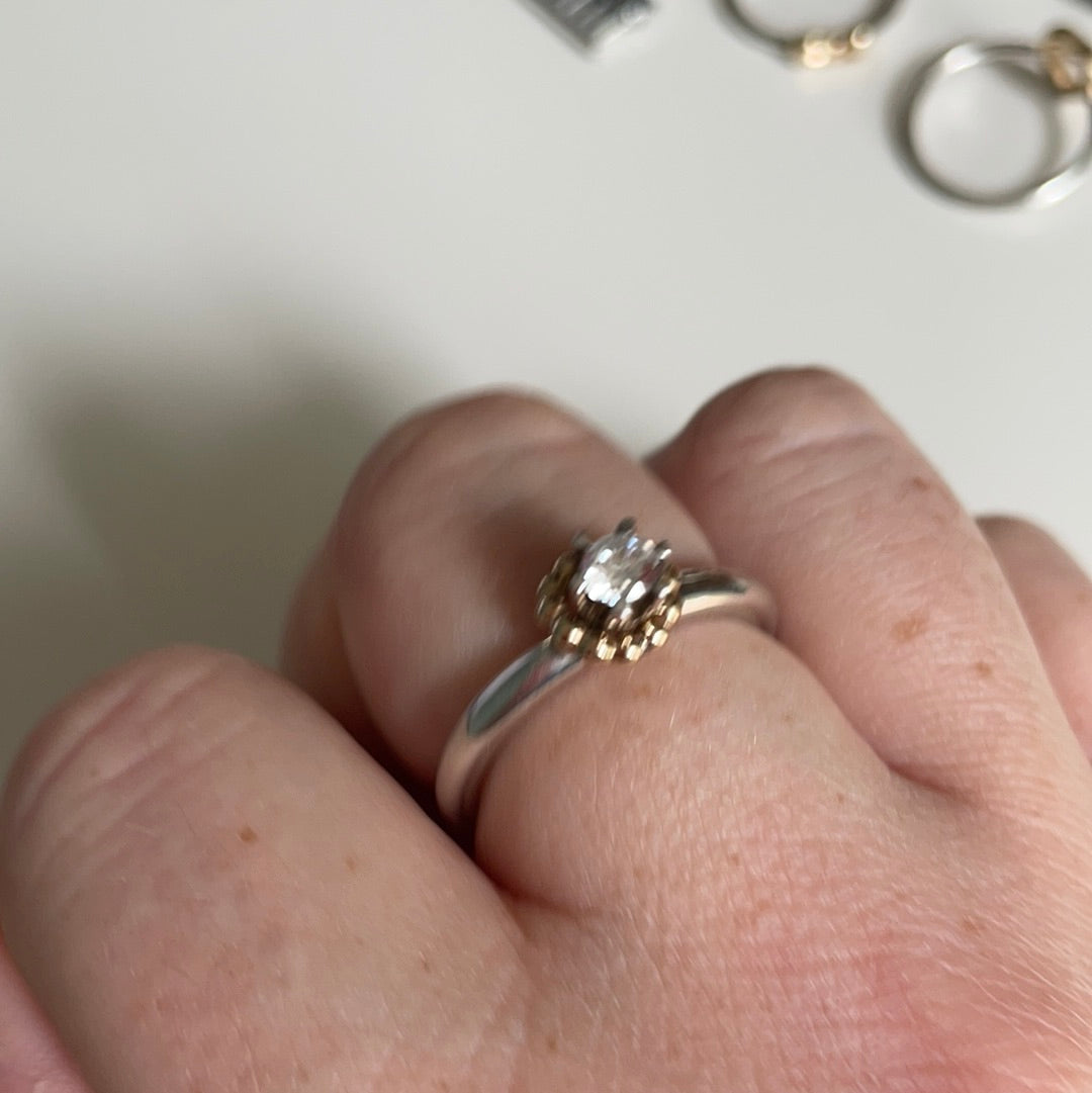 Pandora VERY RARE Vintage Clear Stone Oxidised Ring Rare with 14K Beaded Gold Hoop Circle