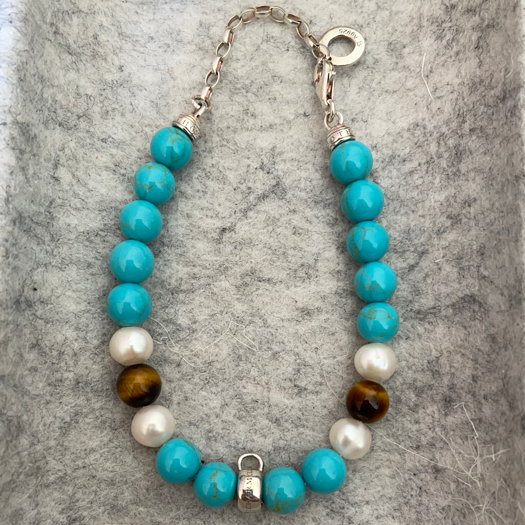 Thomas Sabo Sterling Silver Charm Clasp Stone Bracelet Brown, Pearl and Turquoise Stones Medium 19cm