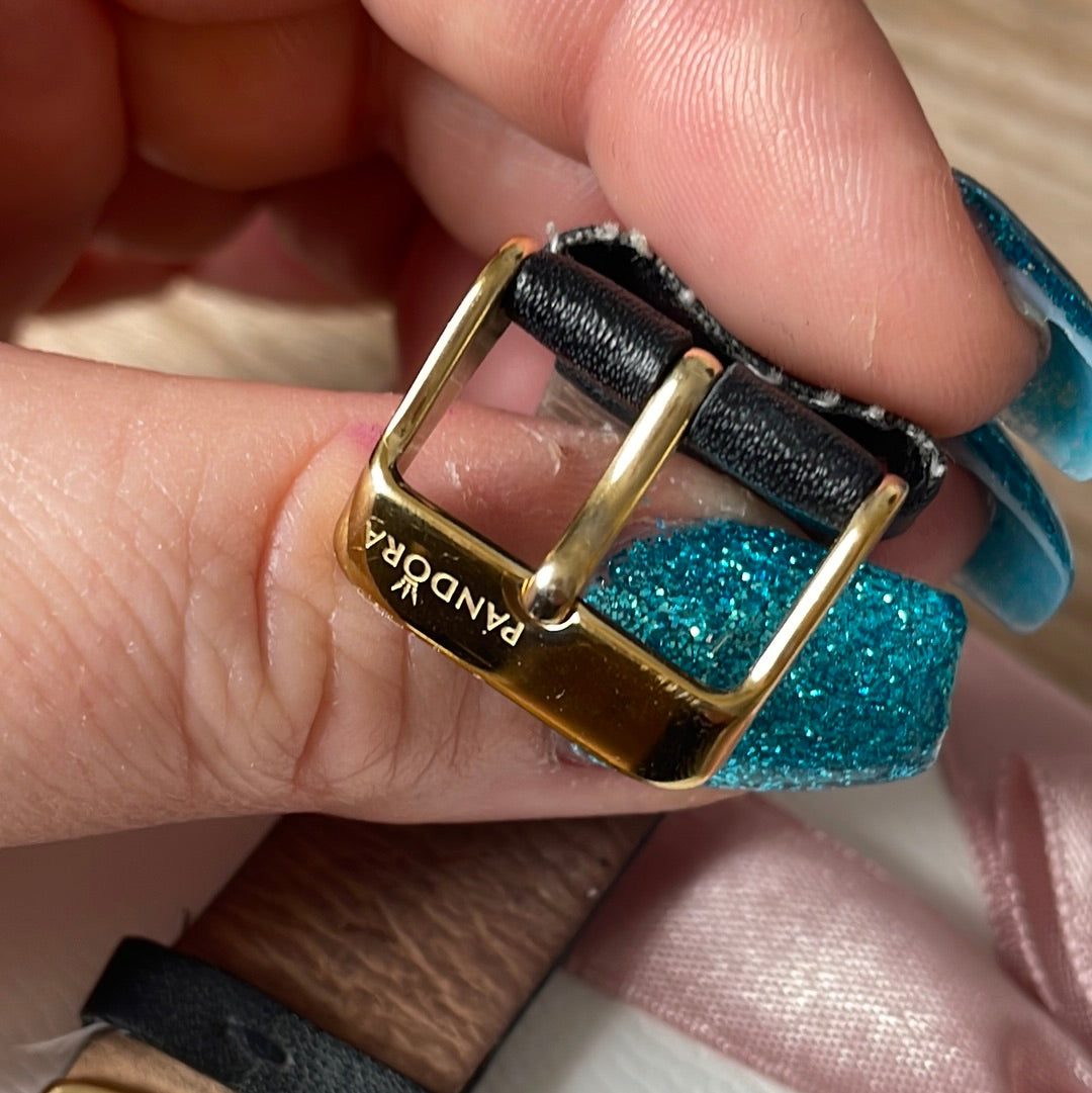 Genuine Pandora Gold Plated Hardware Black Crown Diamond Pure 8120158K Watch with Navy Leather Strap