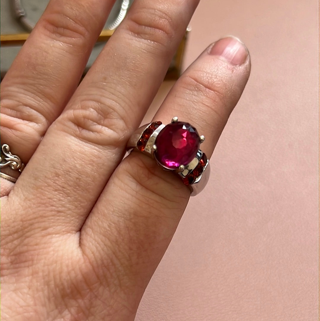 TGCC Sterling Silver Huge Cerise Pink Coloured Gems Ring Size 54