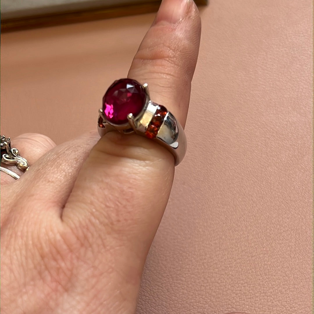 TGCC Sterling Silver Huge Cerise Pink Coloured Gems Ring Size 54