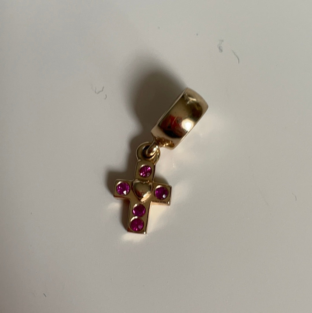 Genuine Pandora Solid 14ct Gold Pink Sapphire Cross Dangle Charm HTF