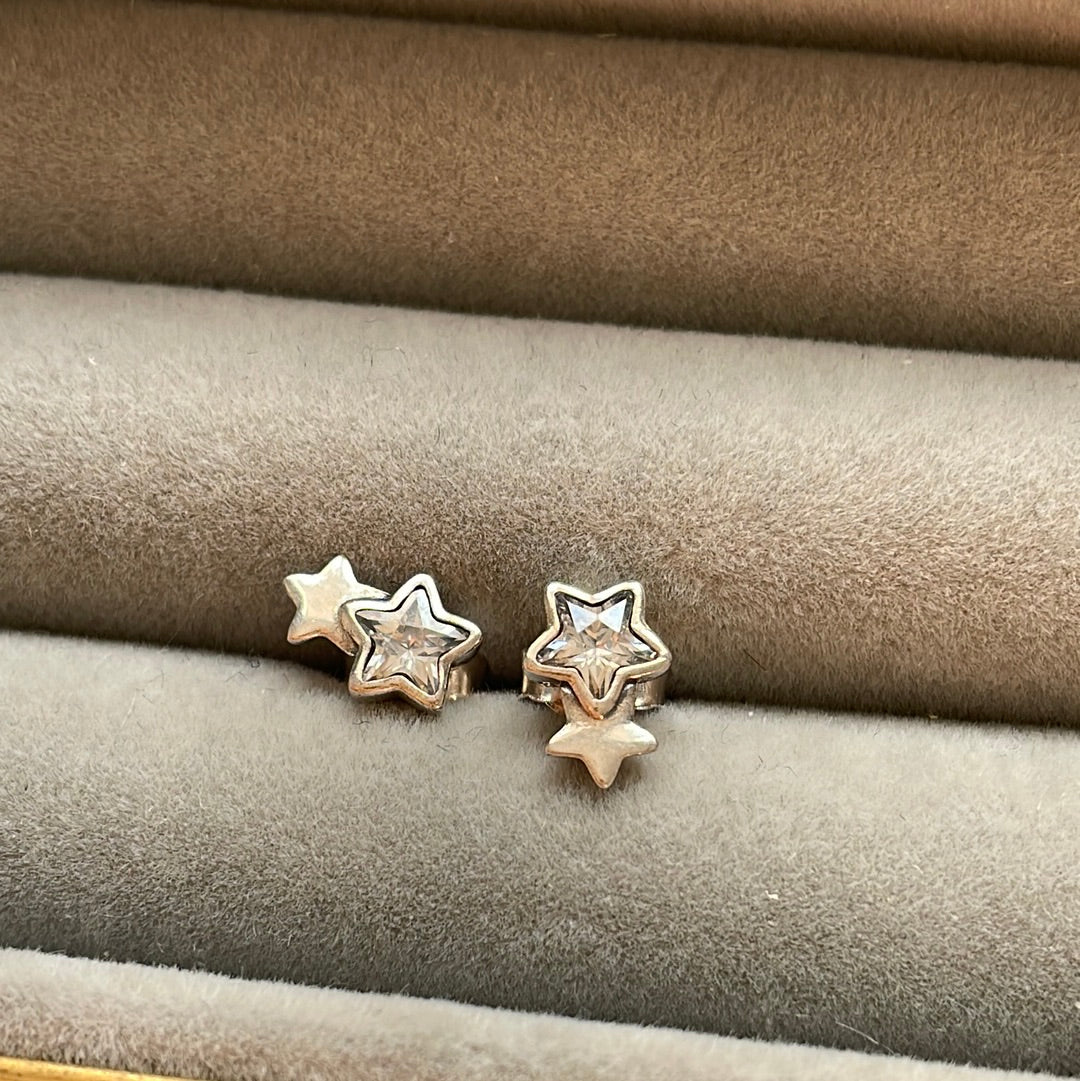 Unbranded Sterling Silver Double Star CZ Sparkle Stud Earrings