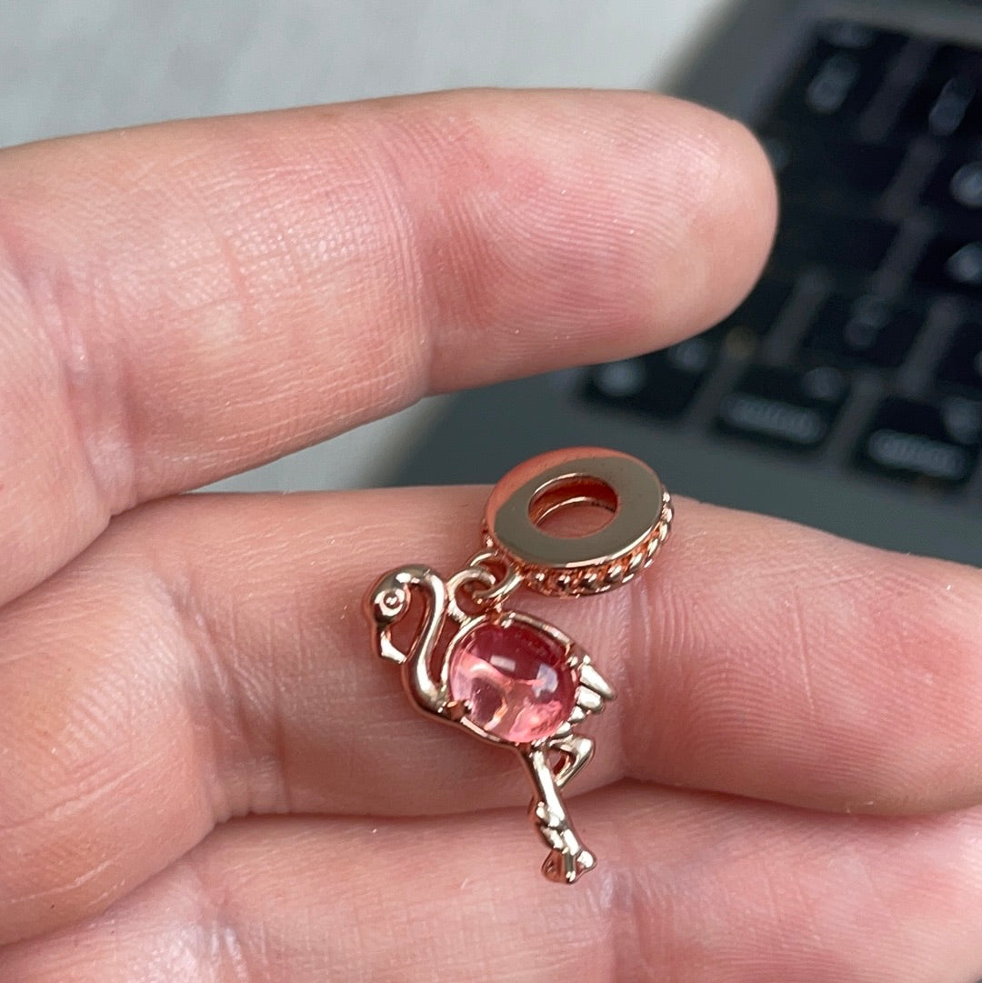 Genuine Pandora Rose Gold Summer Enamel Dangle Pink Stone Flamingo Charm