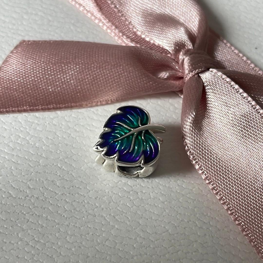 Genuine Pandora Purple and Green Enamel Leaf Charm