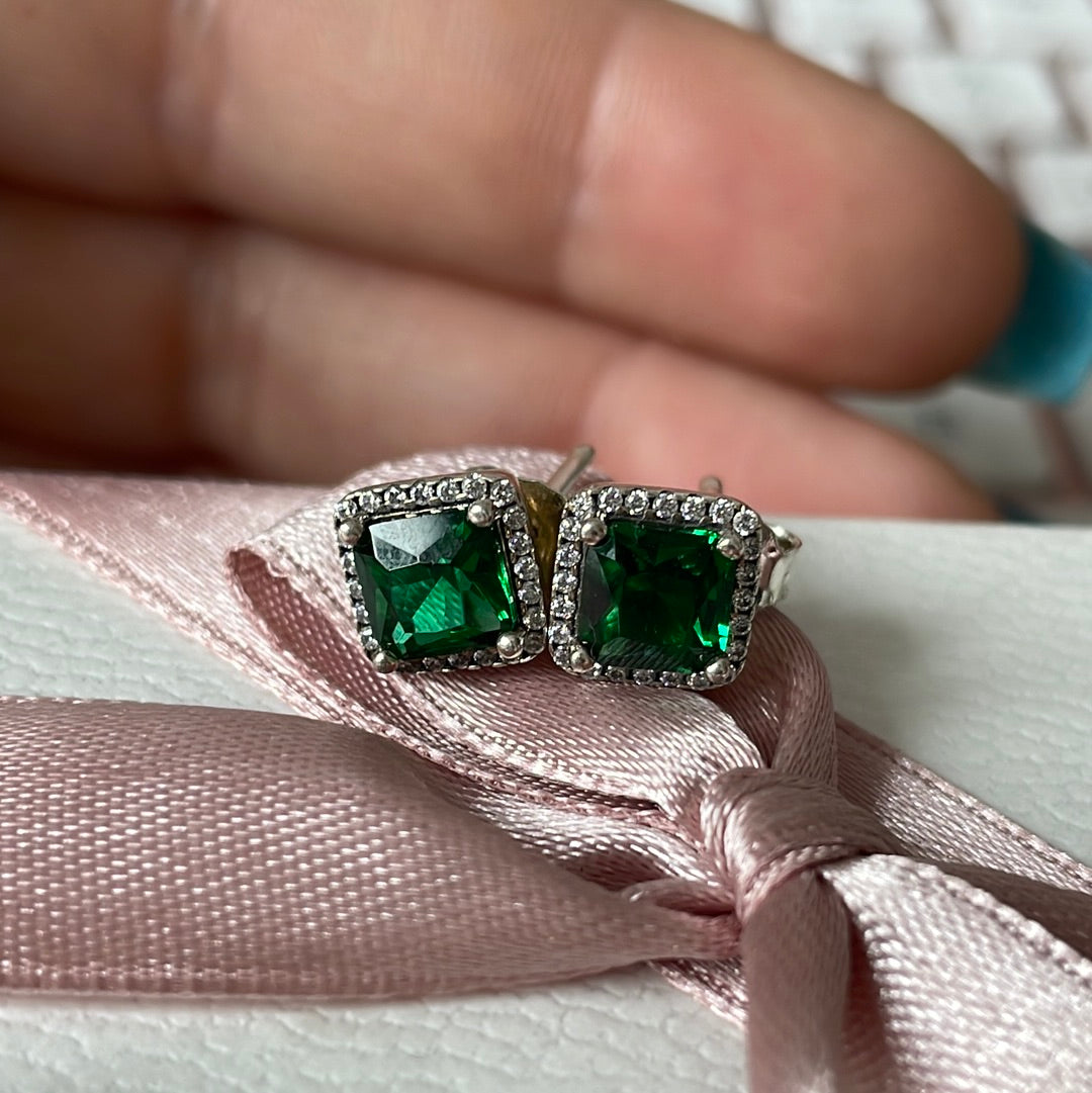 Genuine Pandora Pave Green Square Stone Sparkle Studs Earrings