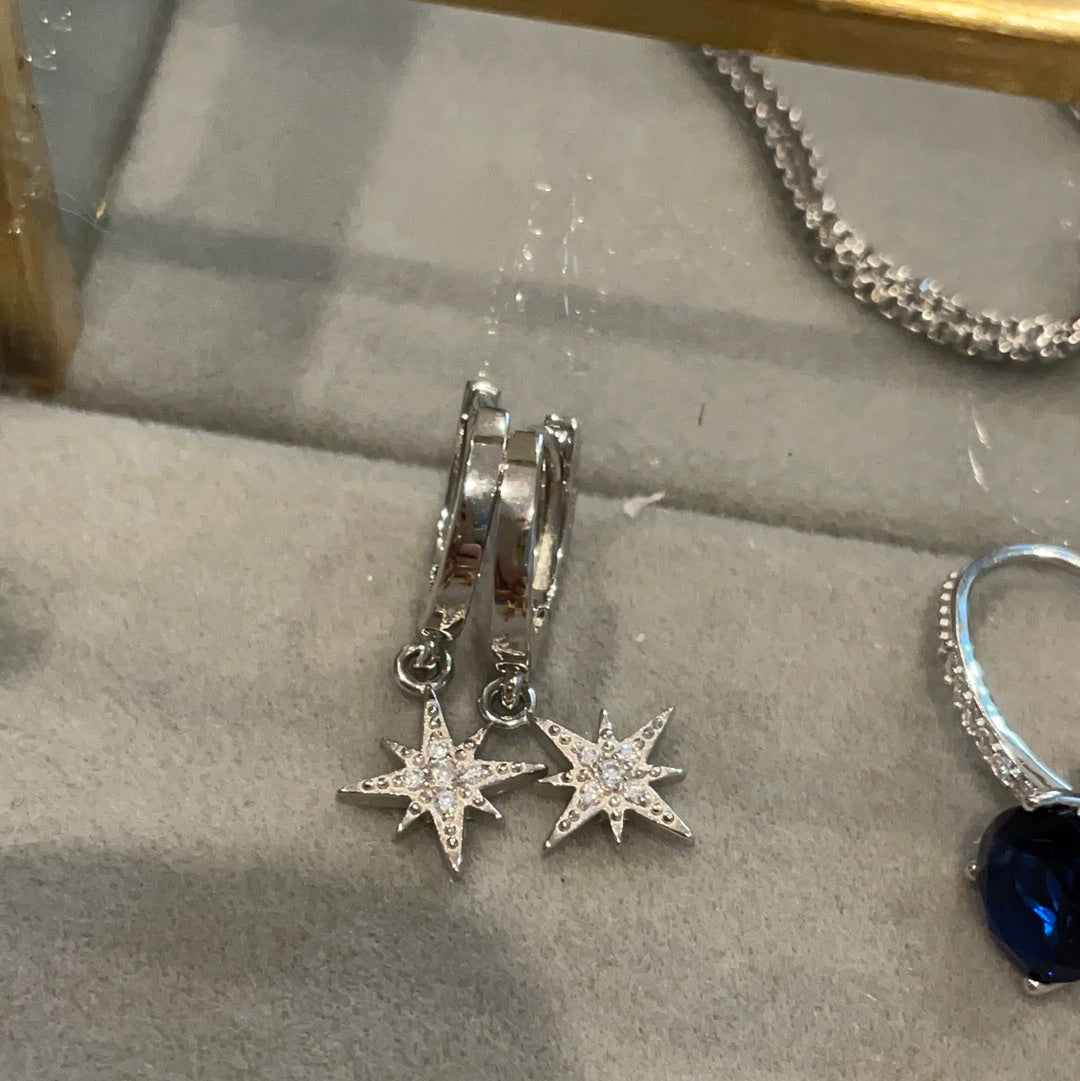 Brand New Sterling Silver Clear Pave Star Dangle Earrings